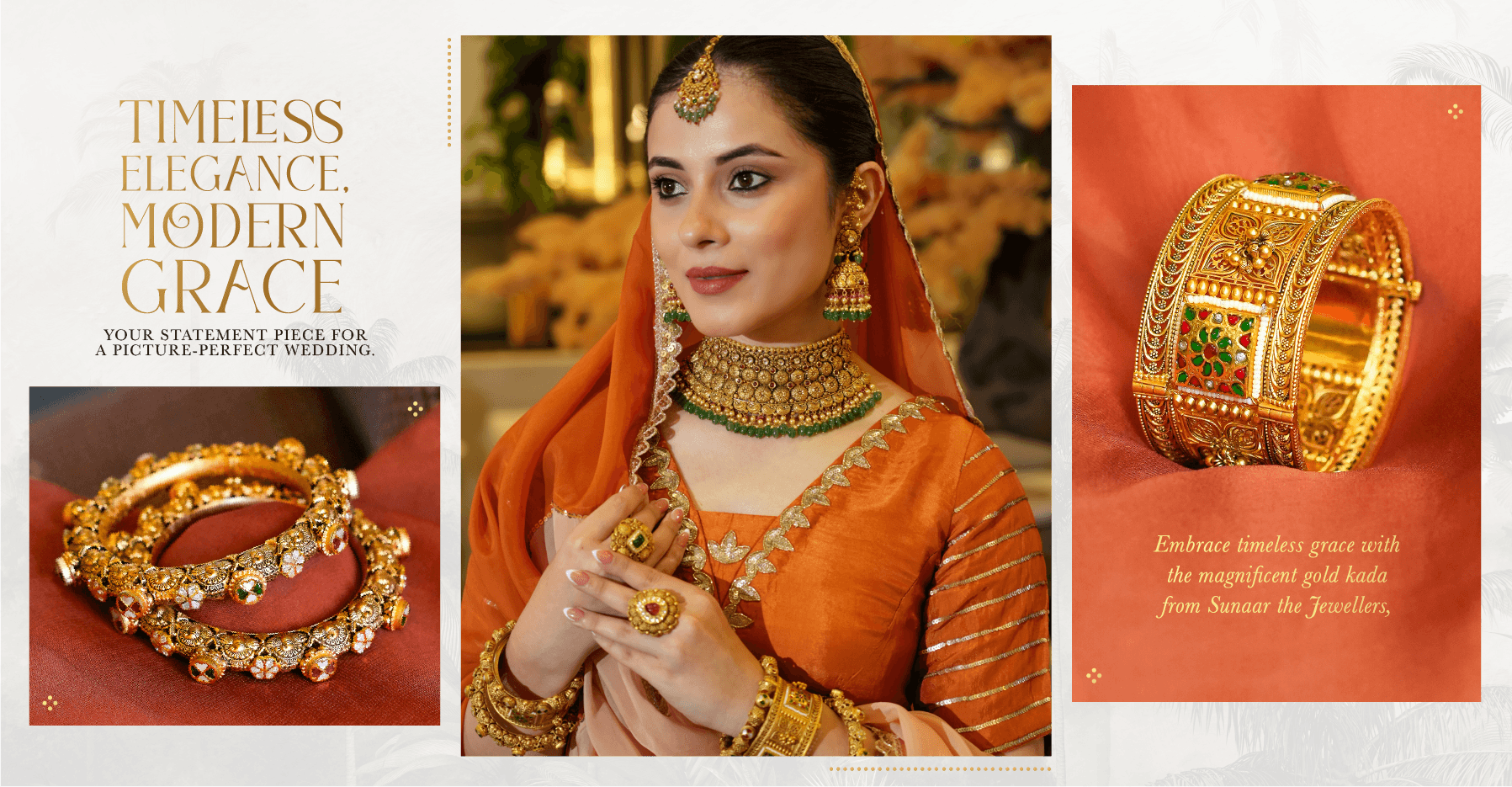 Bride wearing traditional gold necklace, bangles and kada for wedding jewellery collection
